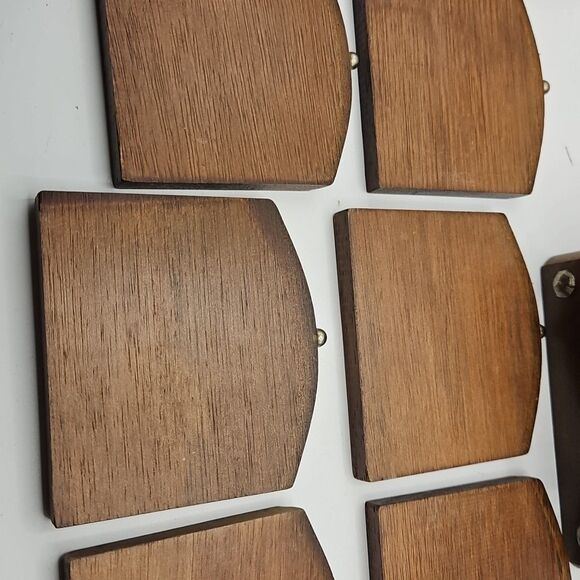 Vintage Mid-Century Modern Wooden Coaster Set of 8 with Holder Bronze Handle - Picture 10 of 16